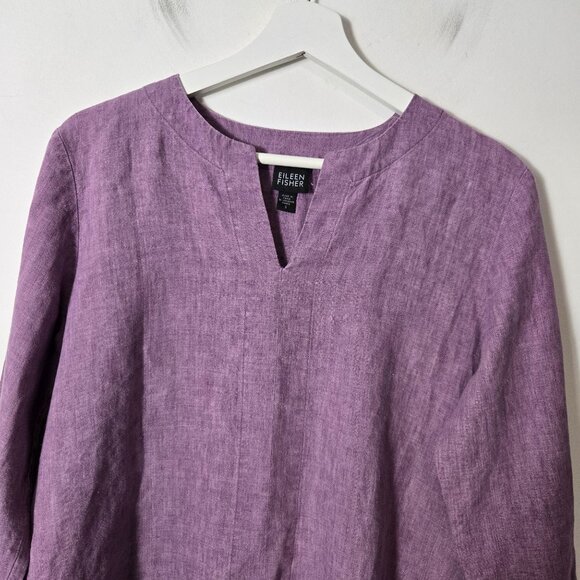 Eileen Fisher Size S 100% Irish Linen Purple Split Neck 3/4 Sleeve Top Coastal - Picture 2 of 8